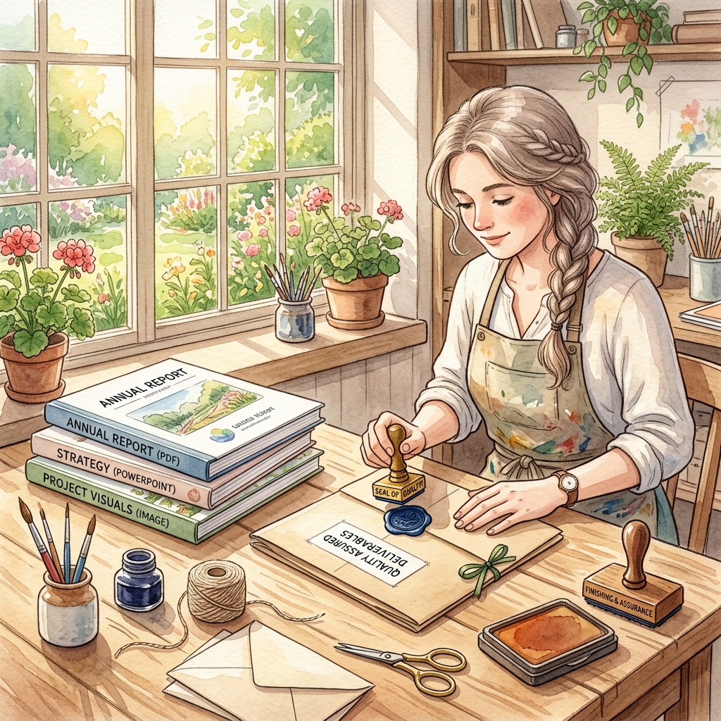 A watercolor illustration showing export formats and output options