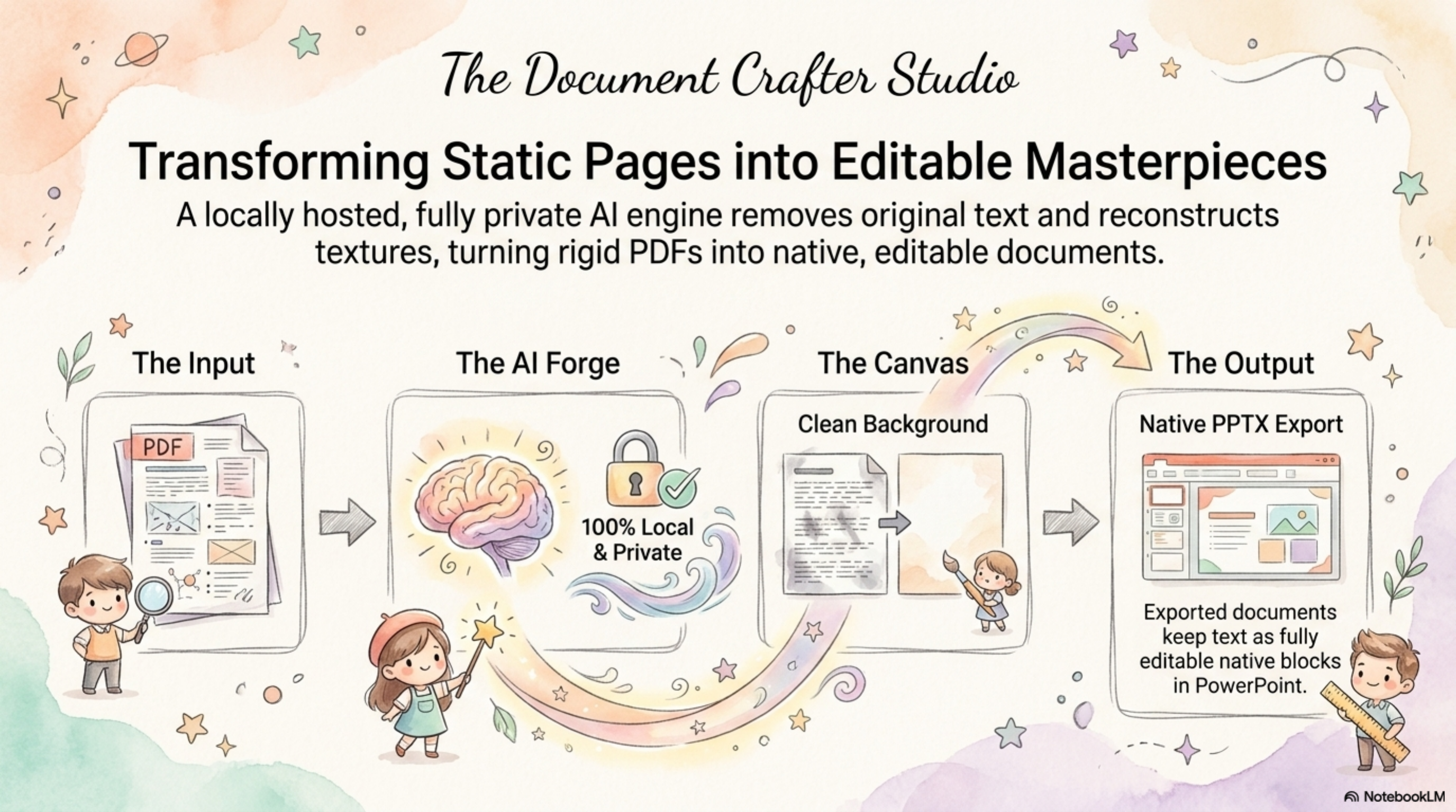 An overview of the Document Crafter Studio workflow: Input, AI Forge, Canvas, and Output